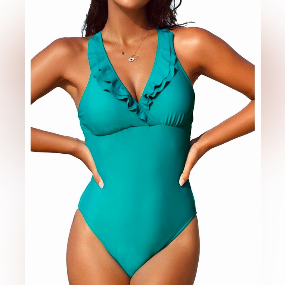 Teal Ruffled One-Piece Swimsuit w tummy control..size Large -never worn